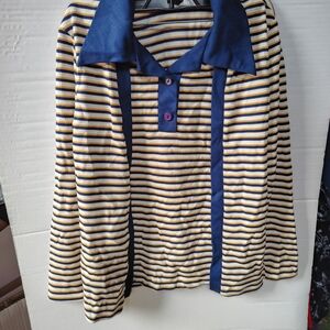 Striped Polo-Style Blouse in Navy, Cream & Yellow